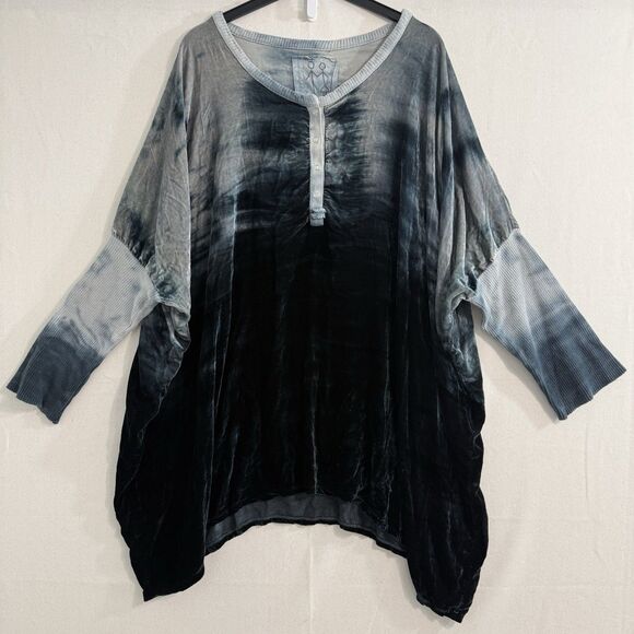 PETE&GRETA Johnny Was Teal Tie Dye Velvet Boho Tunic OVERSIZED 36" Chest Sz. S - Picture 1 of 11